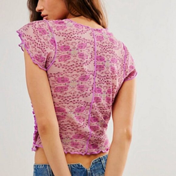 NWT Free People Oh My Baby Mesh Pink Floral Tee - Picture 4 of 7